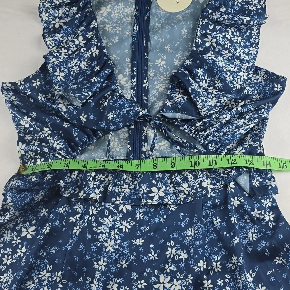 TULAROSA NWT Tanya Satin Blue Floral Cut-Out Ruffle Dress with Tie‎ front Medium